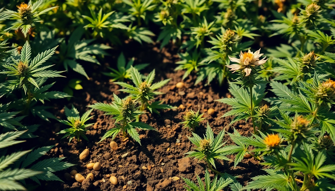 Explore thriving marijuana seeds in a vibrant cannabis garden, showcasing diverse growth stages.