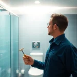 Professioneller Klempner beim Sanitär Notdienst für eine überlaufende Toilette.