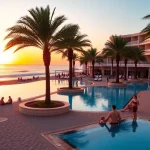 Experience the stunning poolside atmosphere at Iberostar Selection Fuerteventura Palace during sunset.