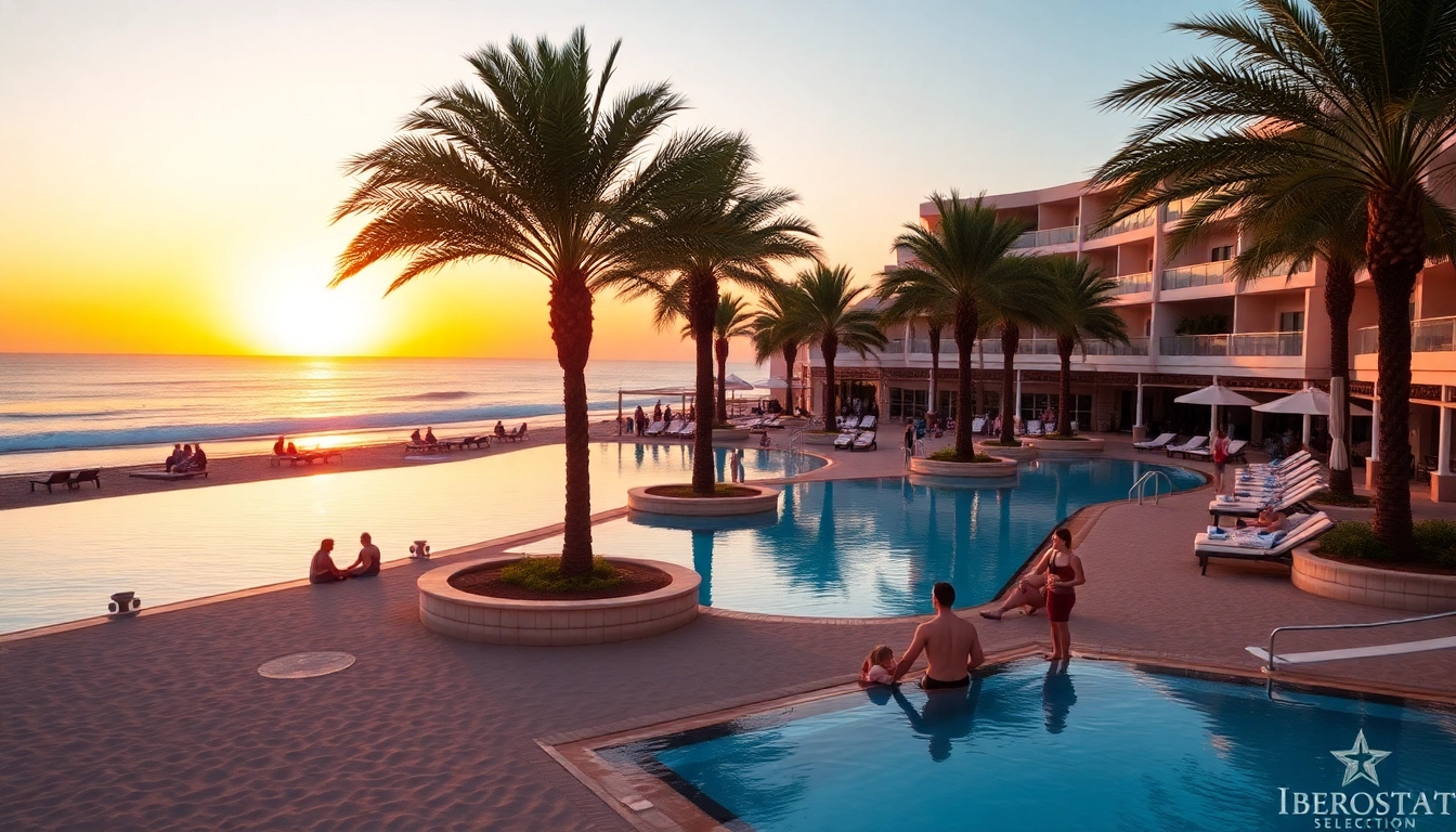 Experience the stunning poolside atmosphere at Iberostar Selection Fuerteventura Palace during sunset.