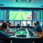 Sportwetten-Enthusiasten analysieren live Quoten in einem modernen Wettbüro.