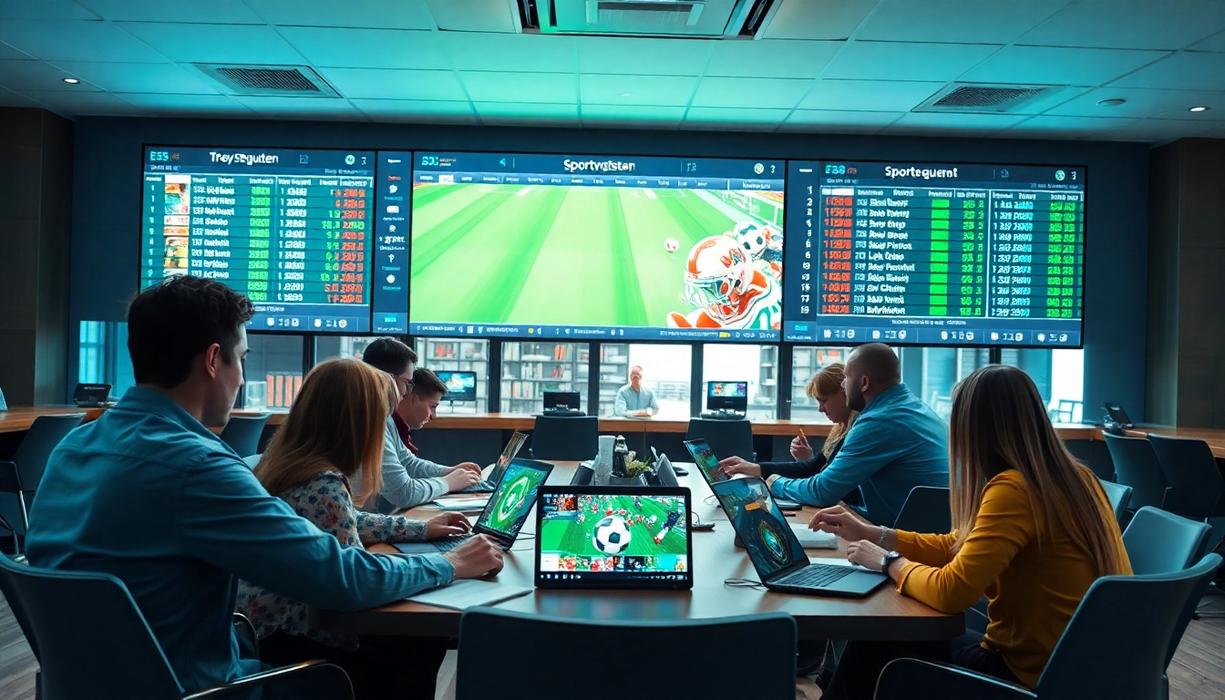 Sportwetten-Enthusiasten analysieren live Quoten in einem modernen Wettbüro.