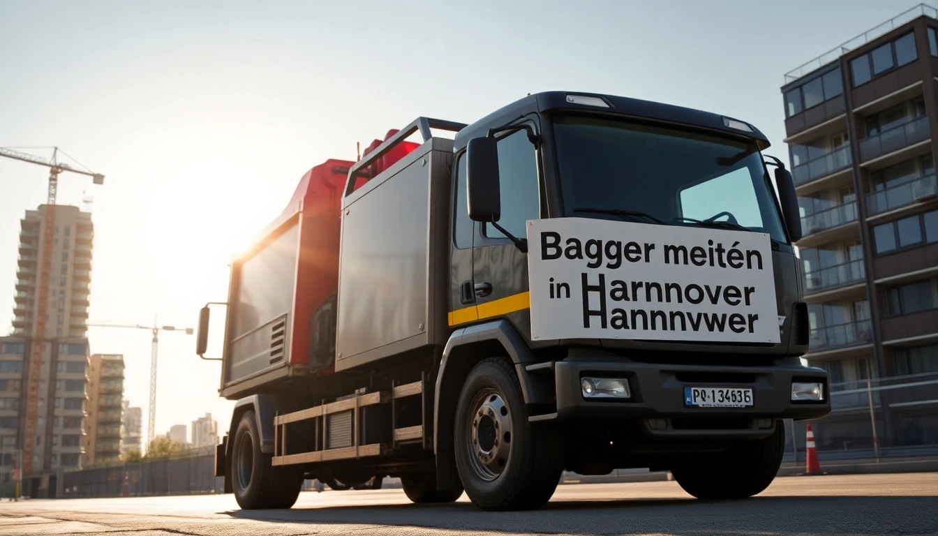 Bagger mieten Hannover: Moderner Bagger bei der Arbeit in einer urbanen Baustelle in Hannover.