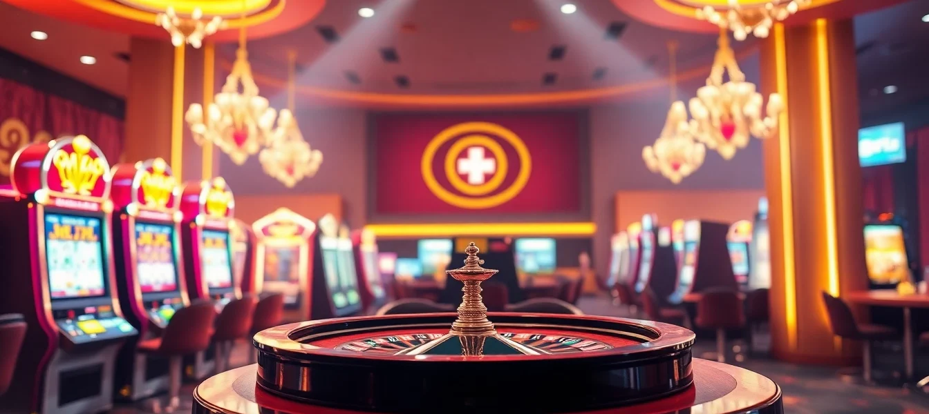 Erleben Sie das aufregende Ambiente eines modernen Online Casinos in der Schweiz mit lebendigen Spielautomaten und Roulette.