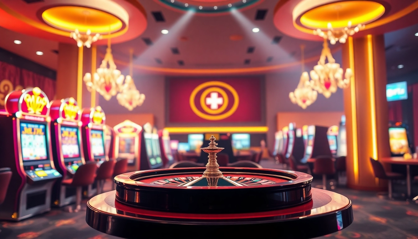 Erleben Sie das aufregende Ambiente eines modernen Online Casinos in der Schweiz mit lebendigen Spielautomaten und Roulette.