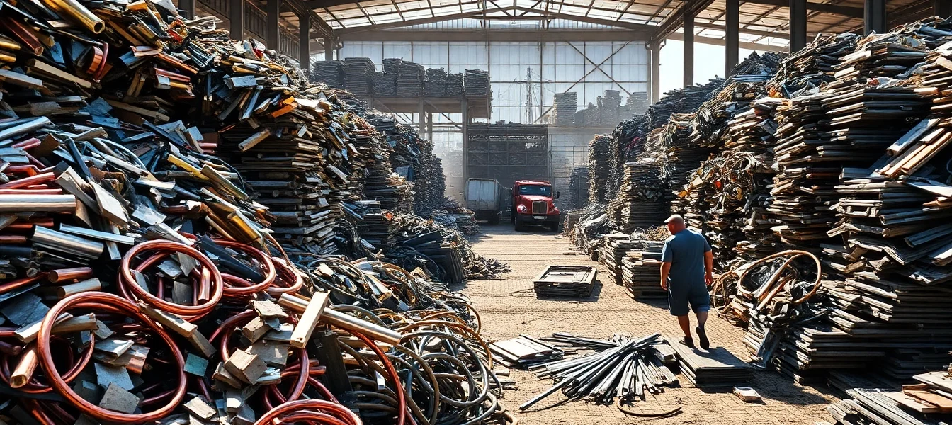 Workers sorting materials at Schrottplatz Remscheid, illustrating the bustling scrap metal scene.