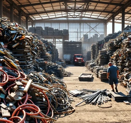 Workers sorting materials at Schrottplatz Remscheid, illustrating the bustling scrap metal scene.