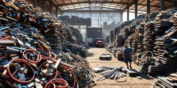 Workers sorting materials at Schrottplatz Remscheid, illustrating the bustling scrap metal scene.