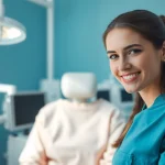 Headhunter Zahnmedizinische Fachangestellte hilft Patienten in einer modernen Zahnarztpraxis.