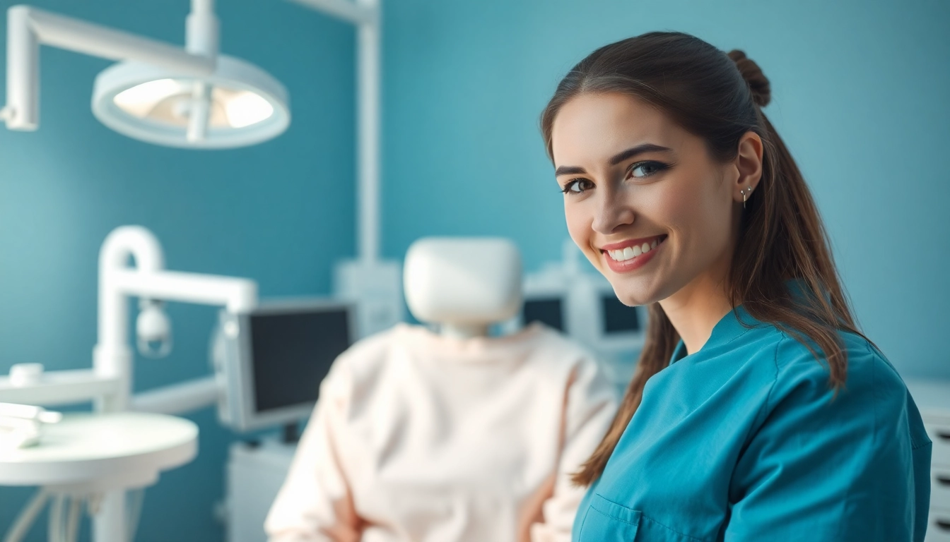 Headhunter Zahnmedizinische Fachangestellte hilft Patienten in einer modernen Zahnarztpraxis.