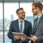 Headhunter Pflegekräfte im Gespräch mit einem Kandidaten in einem modernen Büro, zeigt Professionalität und Expertise.