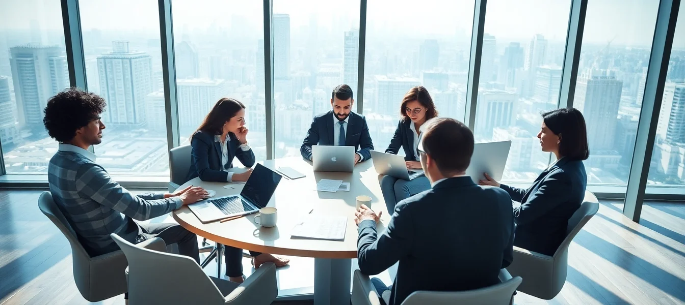 Visualize a collaborative meeting about Headhunter Agentur strategies in a modern office.