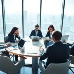 Visualize a collaborative meeting about Headhunter Agentur strategies in a modern office.