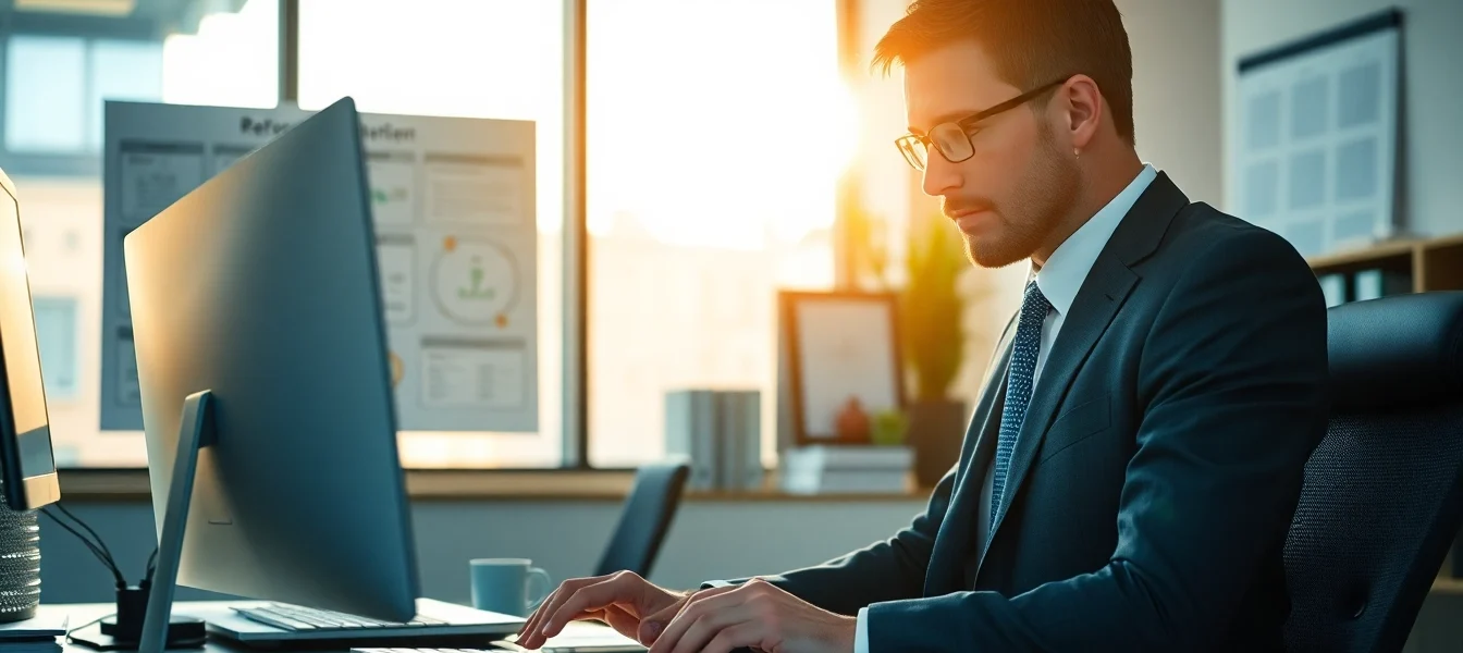 Headhunter arbeitet konzentriert in modernem Büro, umgeben von Unterlagen.