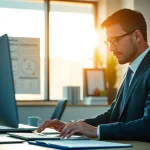 Headhunter arbeitet konzentriert in modernem Büro, umgeben von Unterlagen.