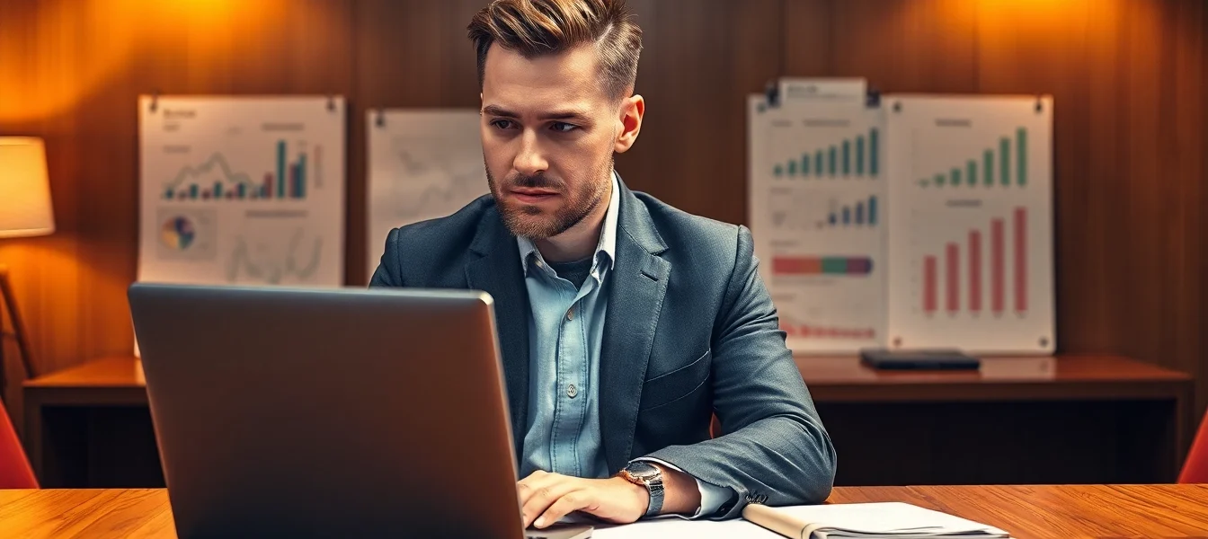 Professioneller Headhunter Executive Search bei der Arbeit am Laptop, umgeben von Business-Dokumenten und Diagrammen.