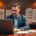 Professioneller Headhunter Executive Search bei der Arbeit am Laptop, umgeben von Business-Dokumenten und Diagrammen.