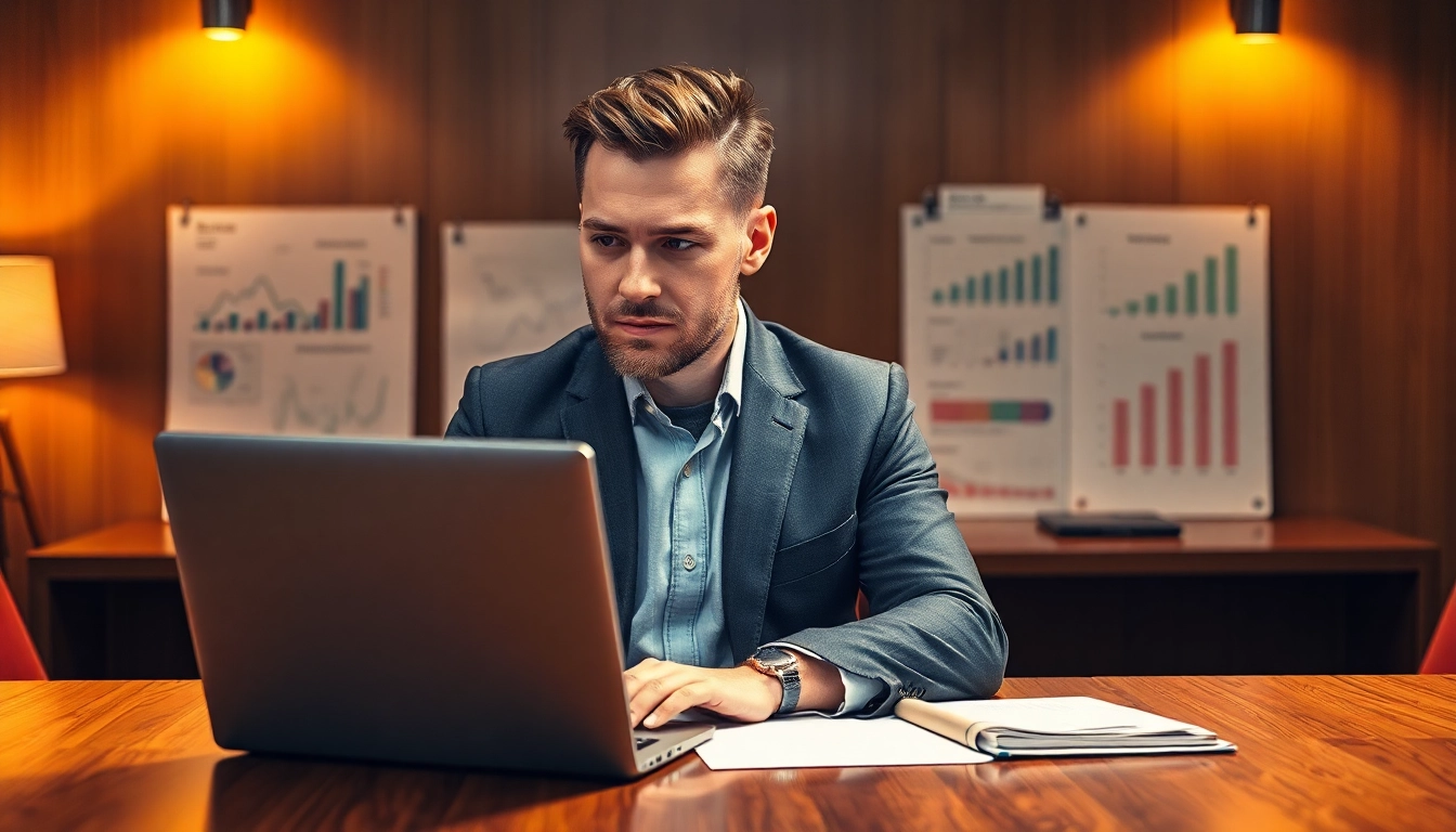 Professioneller Headhunter Executive Search bei der Arbeit am Laptop, umgeben von Business-Dokumenten und Diagrammen.