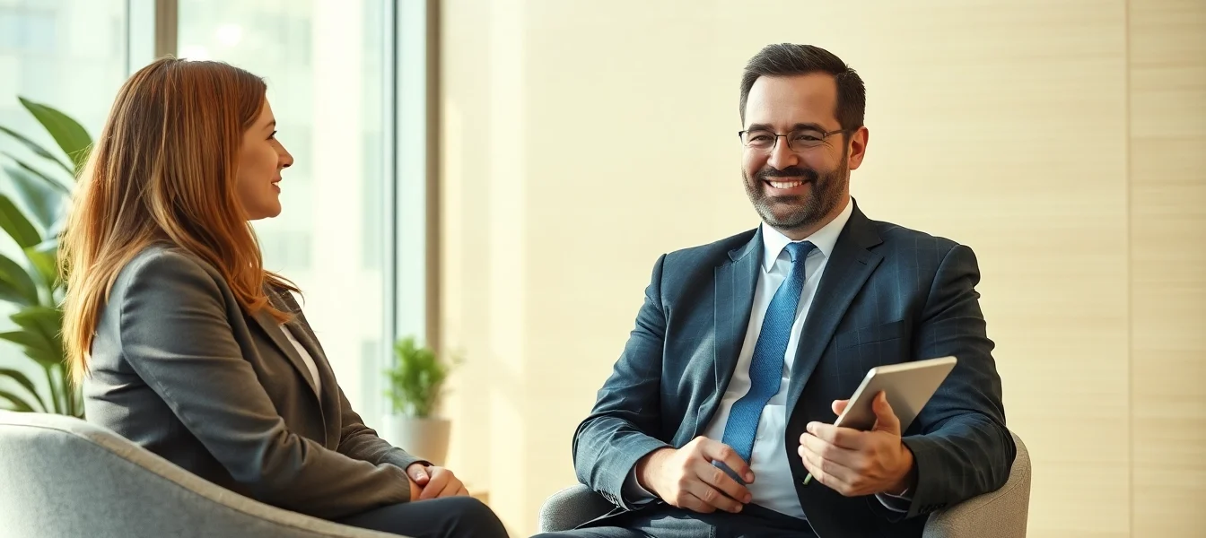 Professioneller Headhunter Gesundheitswesen führt ein Gespräch mit einer Kandidatin in einem modernen Büro.