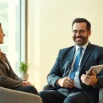 Professioneller Headhunter Gesundheitswesen führt ein Gespräch mit einer Kandidatin in einem modernen Büro.