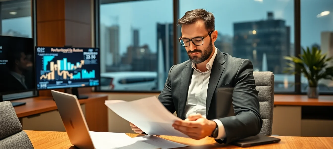 Der Headhunter Bochum arbeitet konzentriert am Laptop und überwacht Rekrutierungsstatistiken in einem modernen Büro.