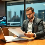 Der Headhunter Bochum arbeitet konzentriert am Laptop und überwacht Rekrutierungsstatistiken in einem modernen Büro.