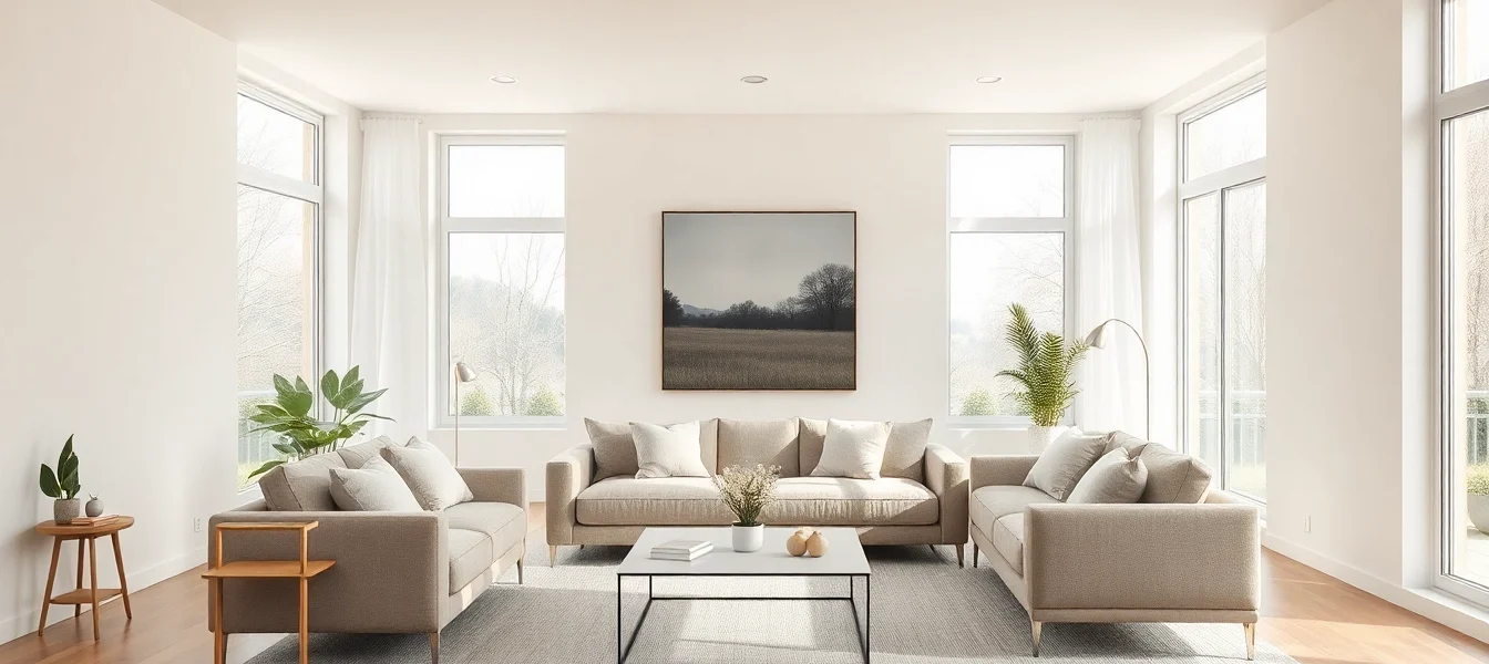 Einladendes Wohnzimmer mit moderner Raumgestaltung, heller Farbpalette und eleganten Möbeln.