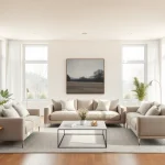 Einladendes Wohnzimmer mit moderner Raumgestaltung, heller Farbpalette und eleganten Möbeln.