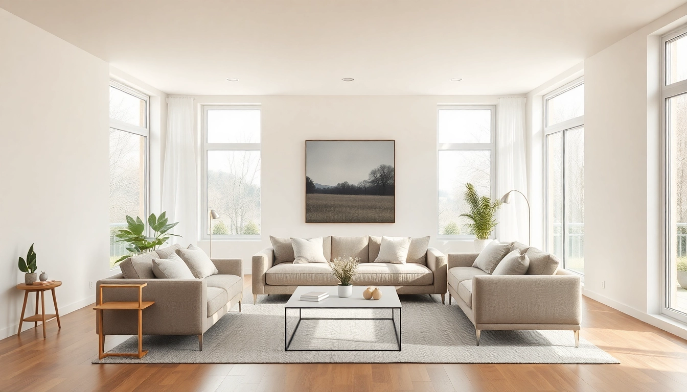 Einladendes Wohnzimmer mit moderner Raumgestaltung, heller Farbpalette und eleganten Möbeln.