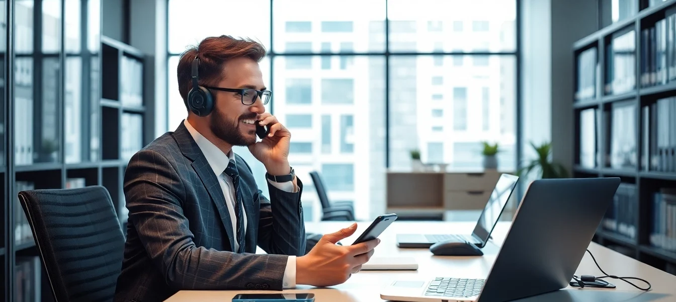 Headhunter bei der Arbeit im modernen Büro, umgeben von Technologie und Karrierebüchern