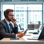 Headhunter bei der Arbeit im modernen Büro, umgeben von Technologie und Karrierebüchern