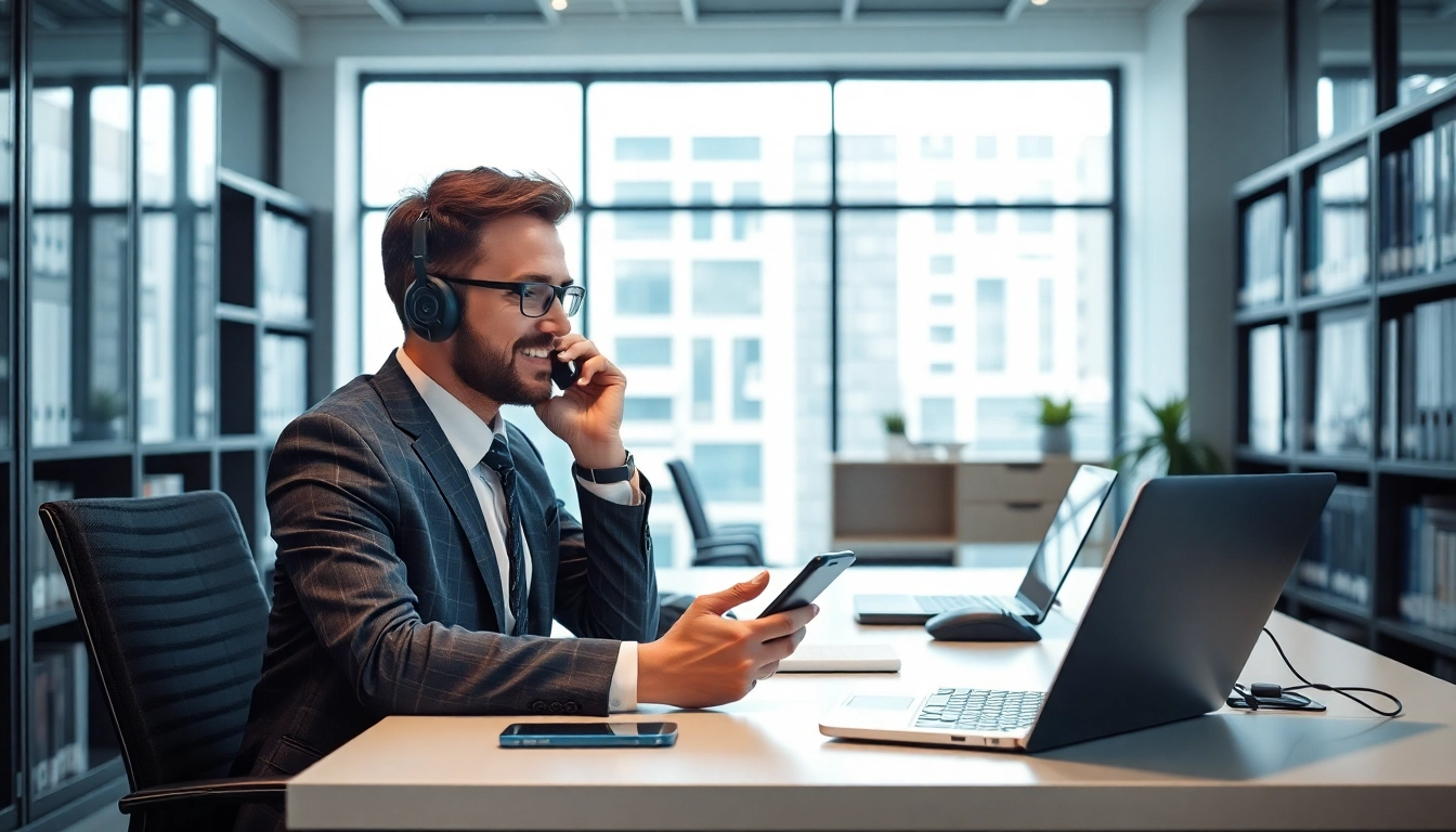 Headhunter bei der Arbeit im modernen Büro, umgeben von Technologie und Karrierebüchern