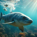 Tauchen Bullenhaie: Taucher mit Bullenhaien in klarem Wasser, umgeben von bunten Korallen und Lichtstrahlen.