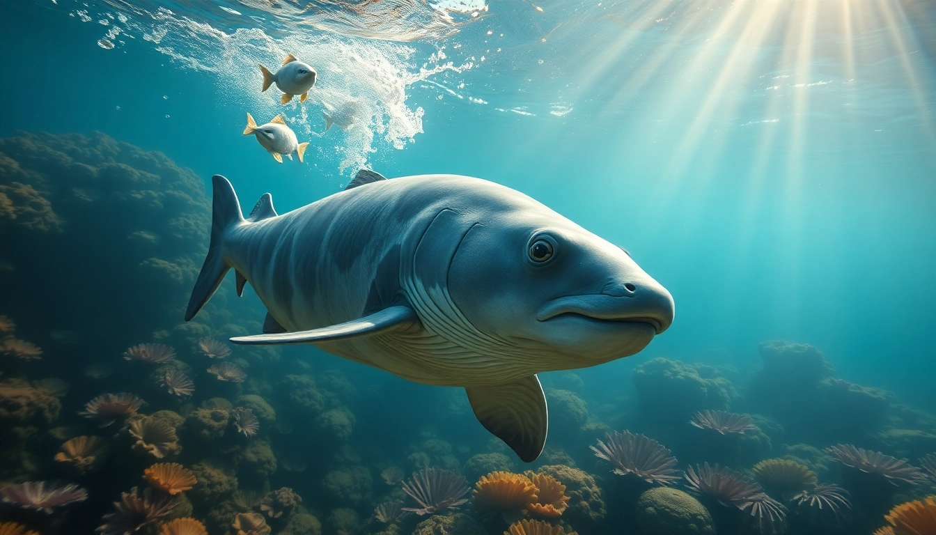 Tauchen Bullenhaie: Taucher mit Bullenhaien in klarem Wasser, umgeben von bunten Korallen und Lichtstrahlen.