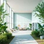 Erleben Sie das beruhigende Ambiente einer modernen entzugsklinik mit natürlichen Lichteffekten und einladenden Gartenbereichen.