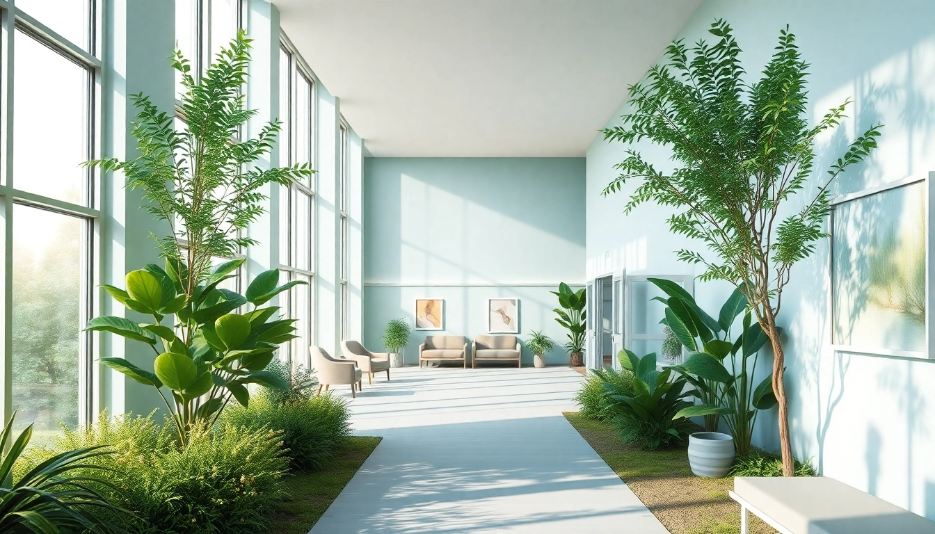 Erleben Sie das beruhigende Ambiente einer modernen entzugsklinik mit natürlichen Lichteffekten und einladenden Gartenbereichen.