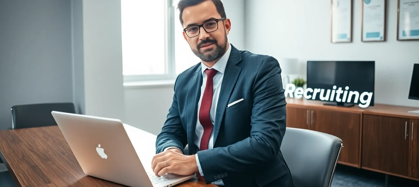 Der Headhunter Saarbrücken bei der Beratung in einem modernen Büro, umgeben von qualitativ hochwertigen Büromöbeln und einem Laptop.