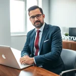 Der Headhunter Saarbrücken bei der Beratung in einem modernen Büro, umgeben von qualitativ hochwertigen Büromöbeln und einem Laptop.