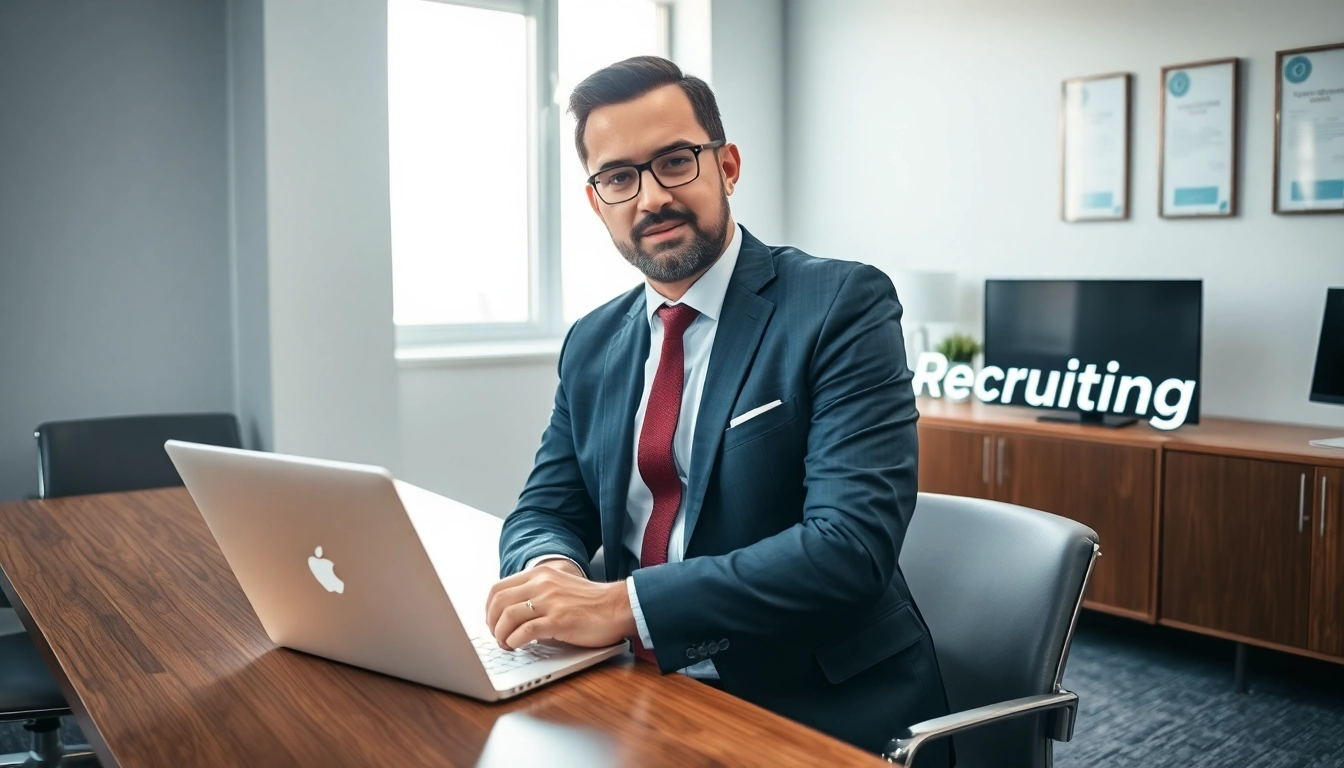 Der Headhunter Saarbrücken bei der Beratung in einem modernen Büro, umgeben von qualitativ hochwertigen Büromöbeln und einem Laptop.