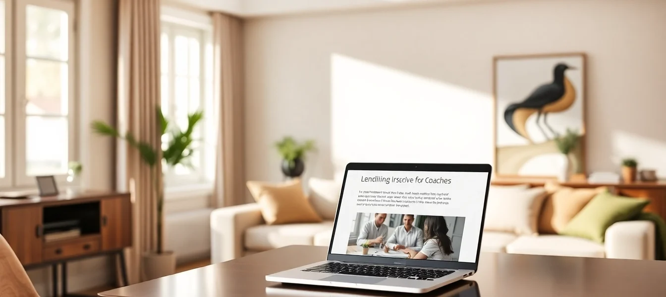Webdesign für Coaches, das Professionalität und Authentizität ausstrahlt, dargestellt in einem eleganten Raum mit modernem Laptop.