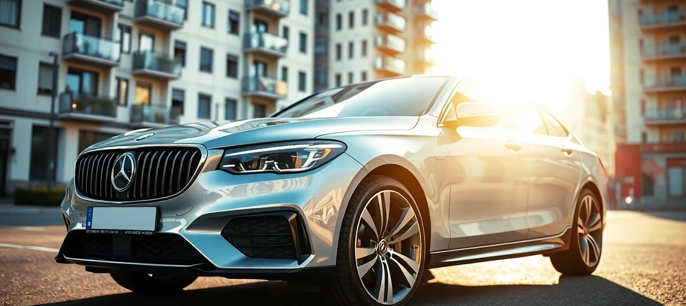 PPF München: Fahrzeug vor Hochhäusern, hochwertig mit Lackschutzfolie glänzend geschützt.