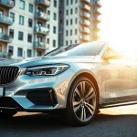 PPF München: Fahrzeug vor Hochhäusern, hochwertig mit Lackschutzfolie glänzend geschützt.