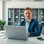 Headhunter IT im modernen Büro: professionell und engagiert, mit Laptop und Notizen für optimale Vermittlungserfolge.