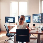 Die Soziale medien assistenz arbeitet an einem modernen Arbeitsplatz mit mehreren Bildschirmen.