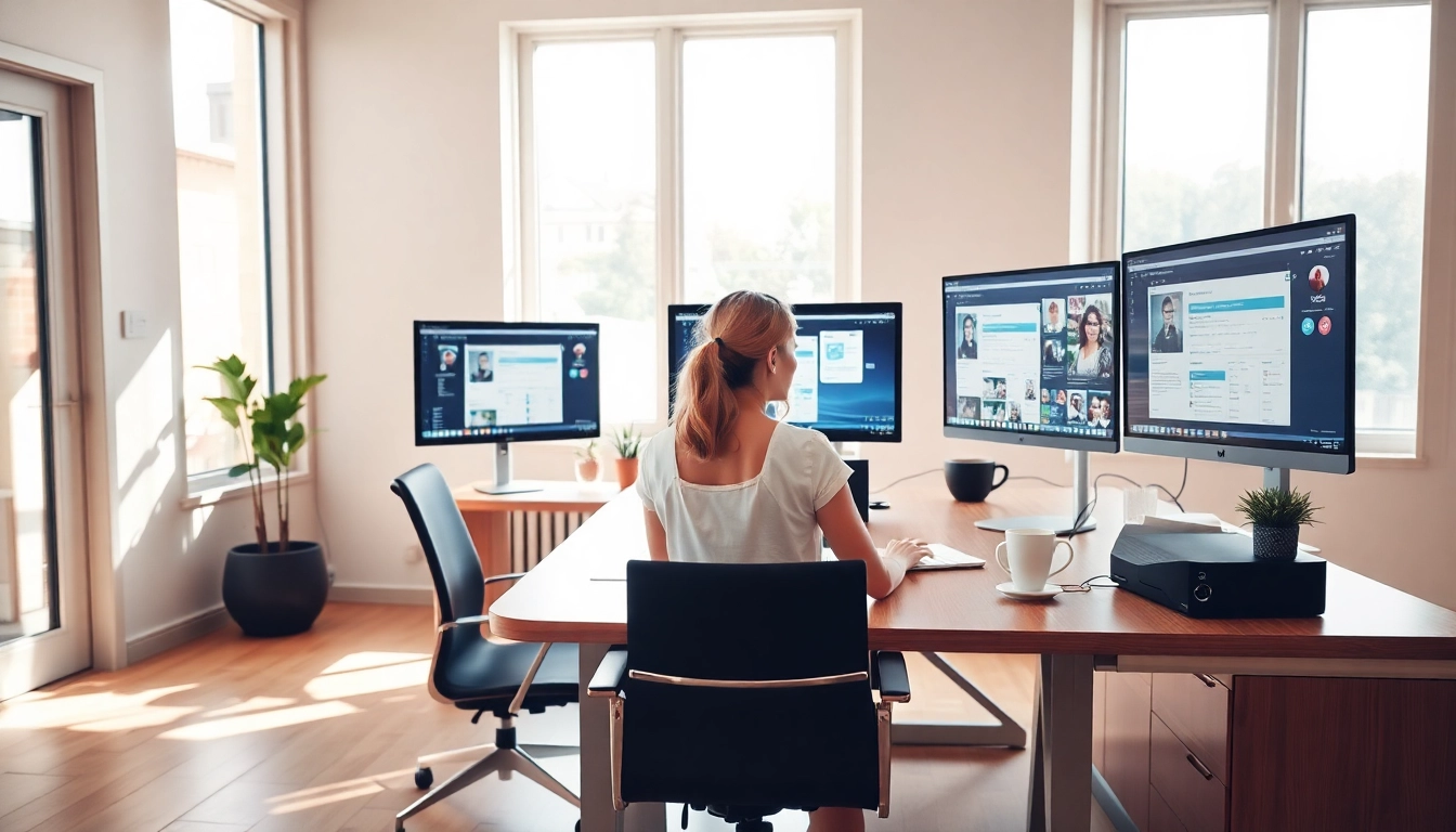 Die Soziale medien assistenz arbeitet an einem modernen Arbeitsplatz mit mehreren Bildschirmen.