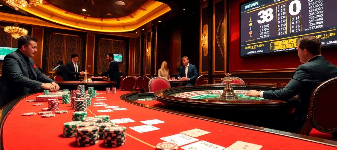 33WIN players enjoying intense poker action at a luxurious casino table with vibrant chips and cards.
