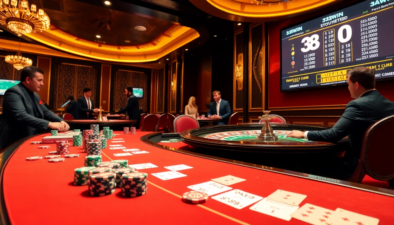 33WIN players enjoying intense poker action at a luxurious casino table with vibrant chips and cards.
