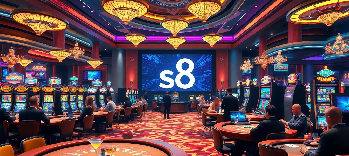 S8 casino scene featuring excited players at roulette and card tables, highlighting vibrant gaming atmosphere.