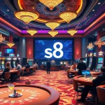 S8 casino scene featuring excited players at roulette and card tables, highlighting vibrant gaming atmosphere.