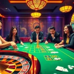 TG88 players enjoying a luxurious casino experience with poker chips, cards, and a vibrant slot machine.